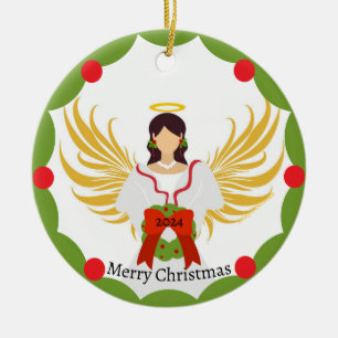 Christmas Angel Red Green Wreath Family Photo Name Ceramic Tree Decoration