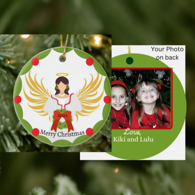 Christmas Angel Red Green Wreath Family Photo Name Ceramic Tree Decoration (Custom Photo Ornament with Angel Wreath, Name, Year in red, green, yellow and white.)