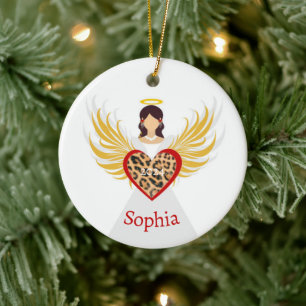 Christmas Angel Red Heart Leopard Wings Name Gift Ceramic Tree Decoration