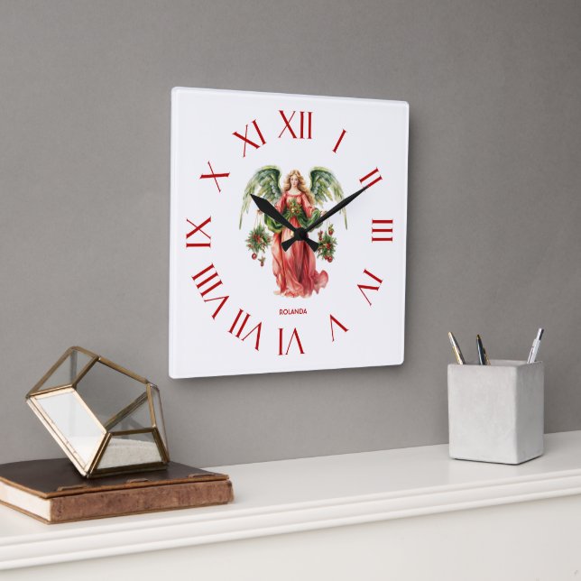 Christmas Angel Red Roman Numerals Square Wall Clock (Office)