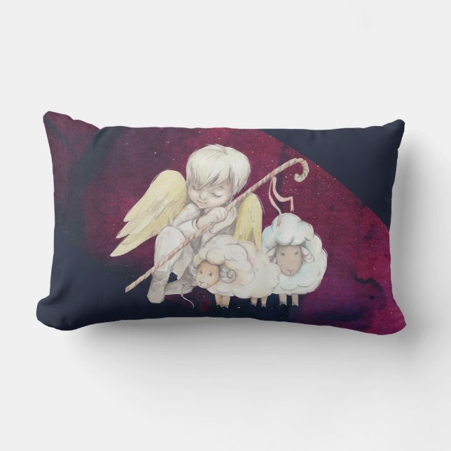 Christmas Angel Shepherd with Lambs Lumbar Cushion (Front)