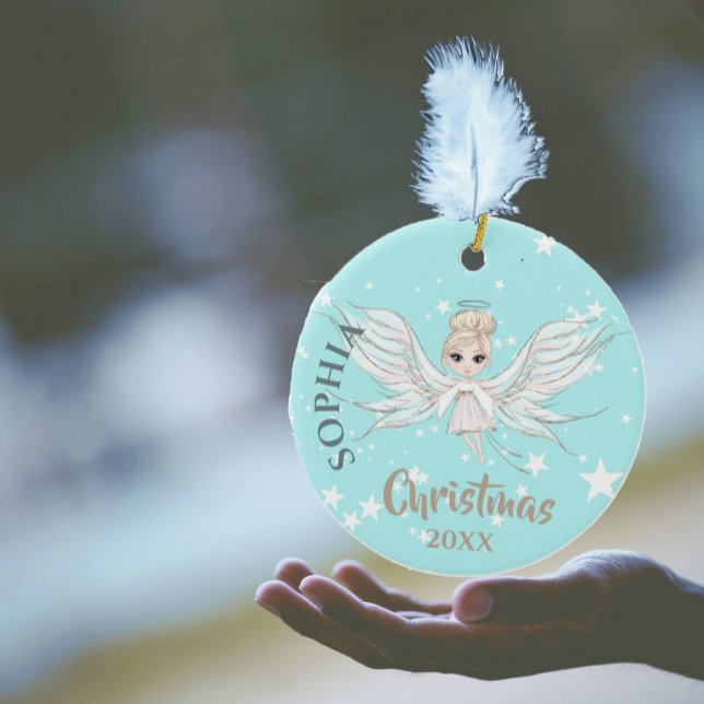 Christmas Angel Stars Photo Blue Pink Cute  Ceramic Tree Decoration (Creator Uploaded)