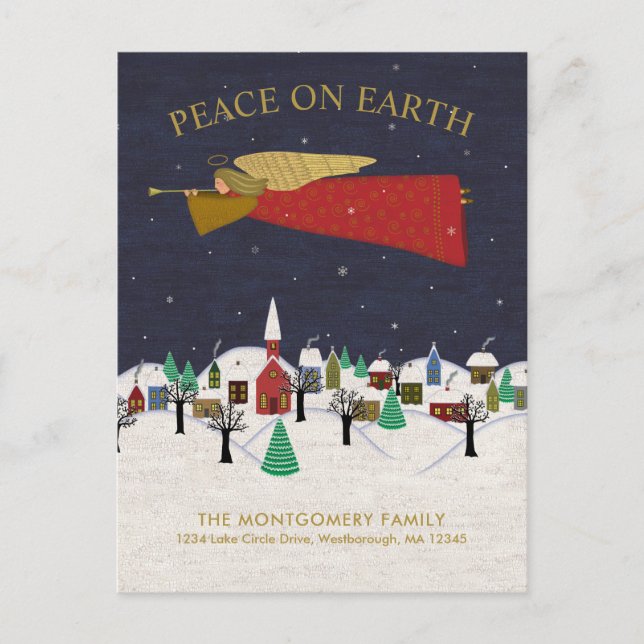 Christmas Angel Town Folk Art Holiday Moving Announcement Postcard (Front)