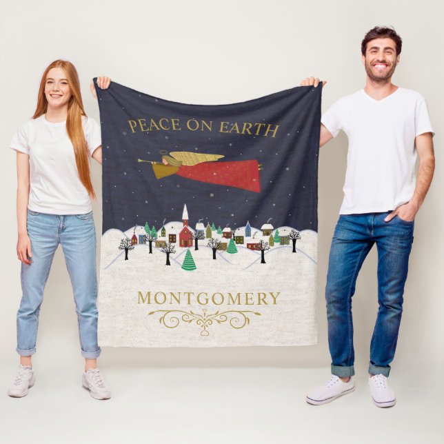 Christmas Angel Village Peace on Earth Monogram Fleece Blanket (In Situ)