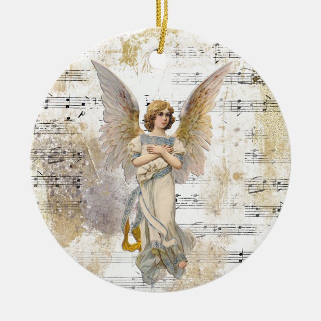 Christmas Angel Wings Music Gold Religious Custom Ceramic Tree Decoration (Front)