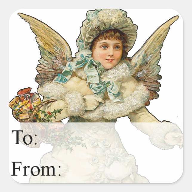 Christmas Angel With Basket Vintage Gift Tag (Front)