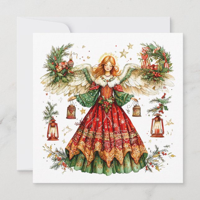  Christmas Angel with berries & candy cane & toys Holiday Card (Front)