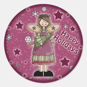 Christmas angel with Christmas tree Classic Round Sticker