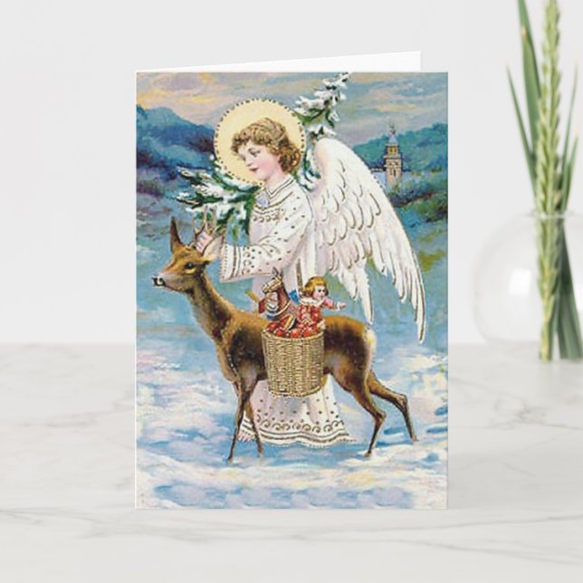 Christmas Angel with Deer Holiday Card (Front)