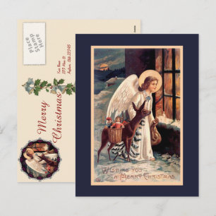 Christmas Angel With Deer Vintage Postcard