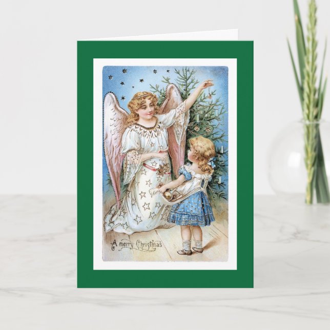 Christmas Angel with Girl Trimming Tree Holiday Card (Front)