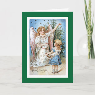 Christmas Angel with Girl Trimming Tree Holiday Card