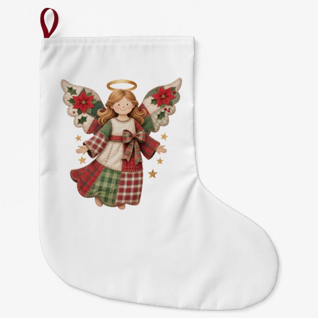 Christmas Angel with Golden Stars Large Christmas Stocking (Front)