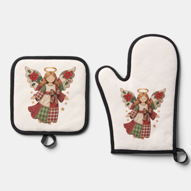Christmas Angel with Golden Stars Oven Mitt & Pot Holder Set (Front)