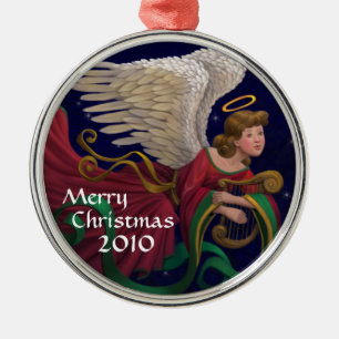 Christmas Angel With Harp Round Ornament
