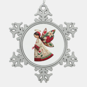 Christmas Angel with Holiday Flowers Snowflake Pewter Christmas Ornament