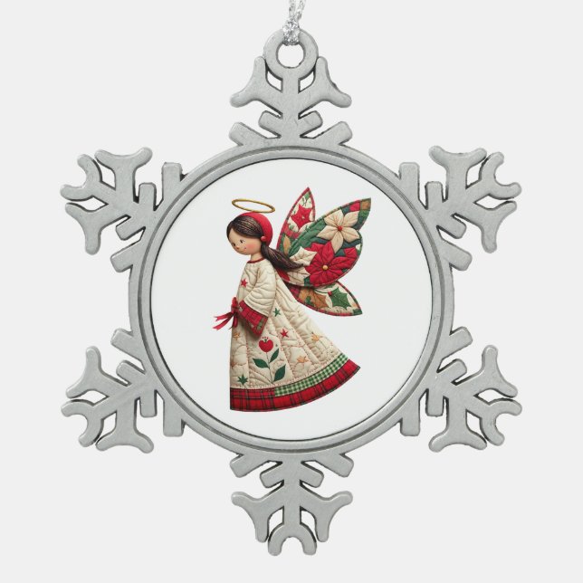 Christmas Angel with Holiday Flowers Snowflake Pewter Christmas Ornament (Front)