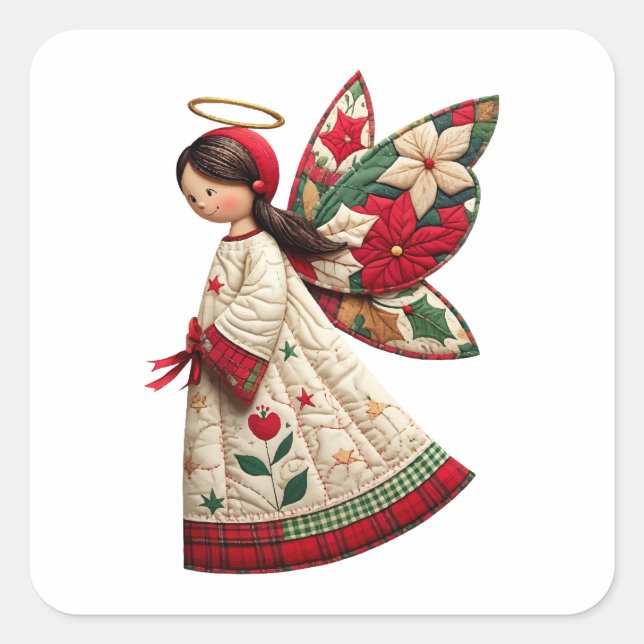 Christmas Angel with Holiday Flowers Square Sticker (Front)