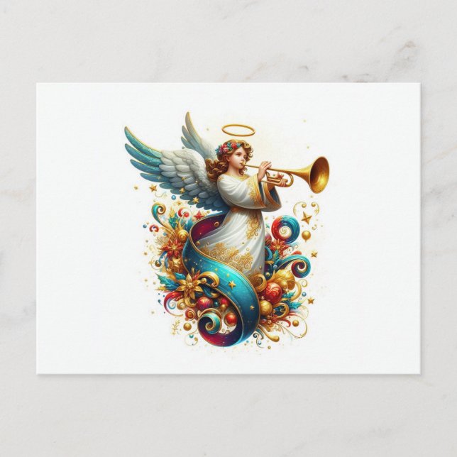 Christmas angel with horn holiday postcard (Front)