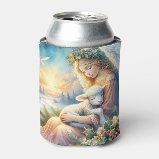 Christmas Angel with Lamb in Winter Peace Can Cooler (Can Front)