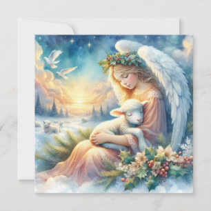 Christmas Angel with Lamb in Winter Peace Card