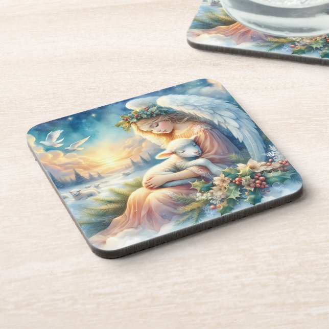 Christmas Angel with Lamb in Winter Peace Coaster (Left Side)