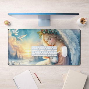Christmas Angel with Lamb in Winter Peace Desk Mat