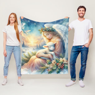 Christmas Angel with Lamb in Winter Peace Fleece Blanket