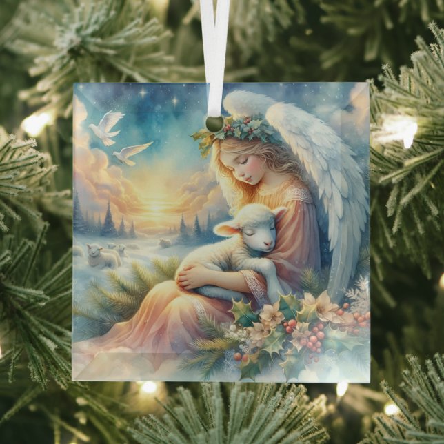 Christmas Angel with Lamb in Winter Peace Glass Tree Decoration (Insitu)