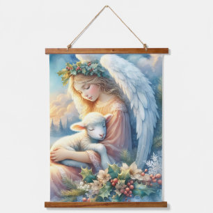 Christmas Angel with Lamb in Winter Peace Hanging Tapestry