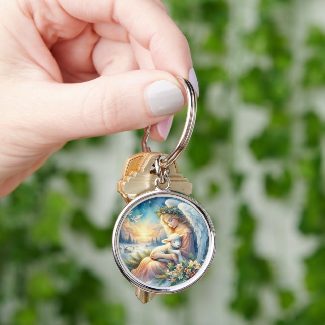 Christmas Angel with Lamb in Winter Peace Key Ring (Hand)