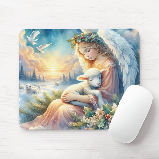 Christmas Angel with Lamb in Winter Peace Mouse Mat (With Mouse)