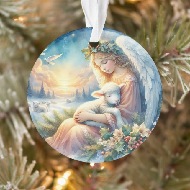 Christmas Angel with Lamb in Winter Peace Ornament (Tree)
