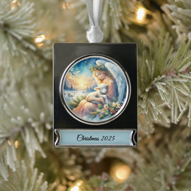 Christmas Angel with Lamb in Winter Peace Silver Plated Banner Ornament (Tree)