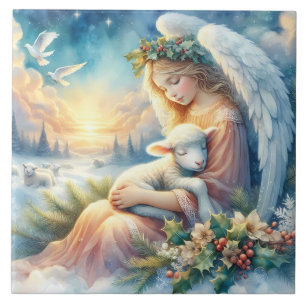 Christmas Angel with Lamb in Winter Peace Tile