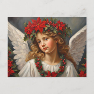 Christmas Angel with Red Poinsettia Flowers Holiday Postcard
