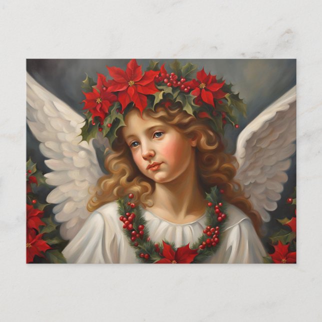 Christmas Angel with Red Poinsettia Flowers Holiday Postcard (Front)