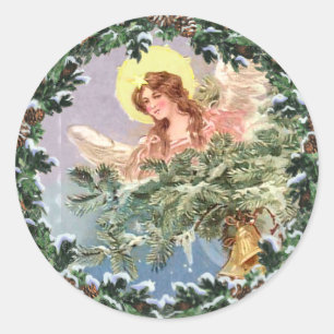 CHRISTMAS ANGEL & WREATH by SHARON SHARPE Classic Round Sticker