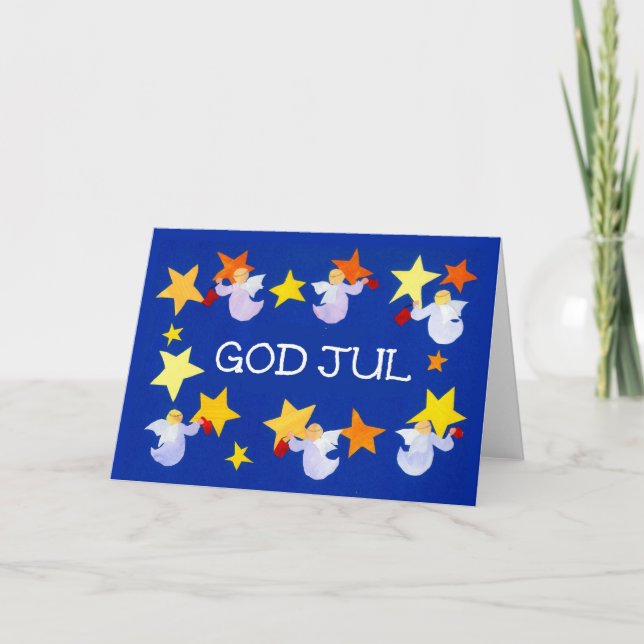 Christmas Angels and Stars with Swedish Greeting Holiday Card (Front)