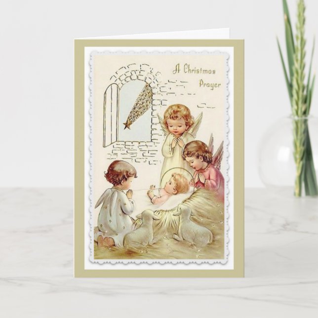 Christmas, Angels, Baby Jesus, Lamb, Manger Holiday Card (Front)