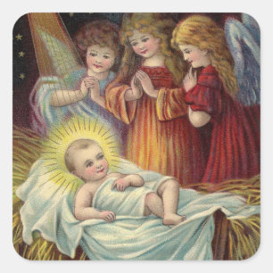 Christmas Angels Greeting Baby Jesus Vintage Image Square Sticker