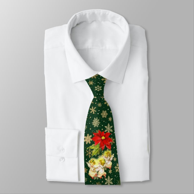 Christmas Angels on Green with Gold Snowflakes Tie (Tied)