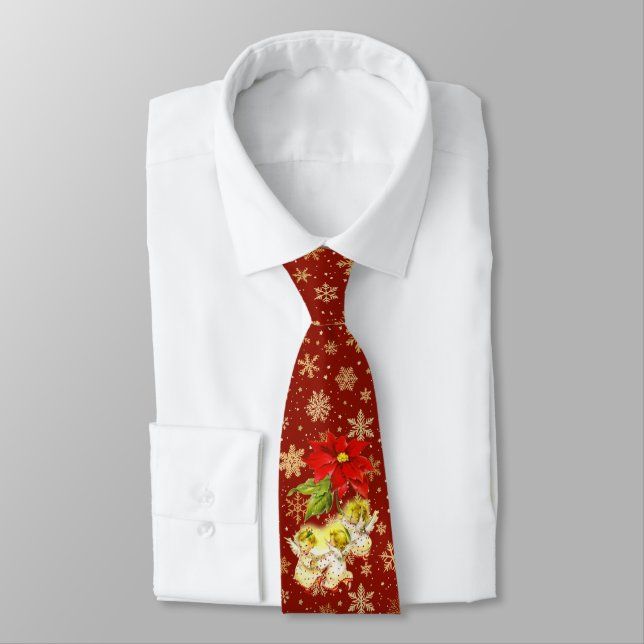Christmas Angels on Red with Gold Snowflakes Tie (Tied)