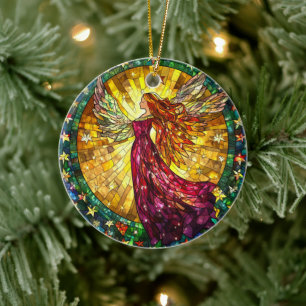 Christmas Angels on Stained Glass Ceramic Tree Decoration