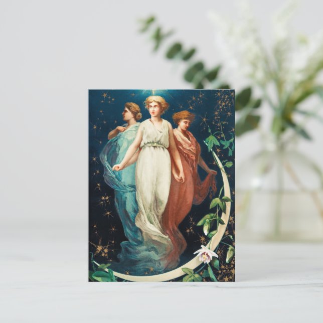 Christmas angels, stars, women, the moon  holiday postcard (Standing Front)
