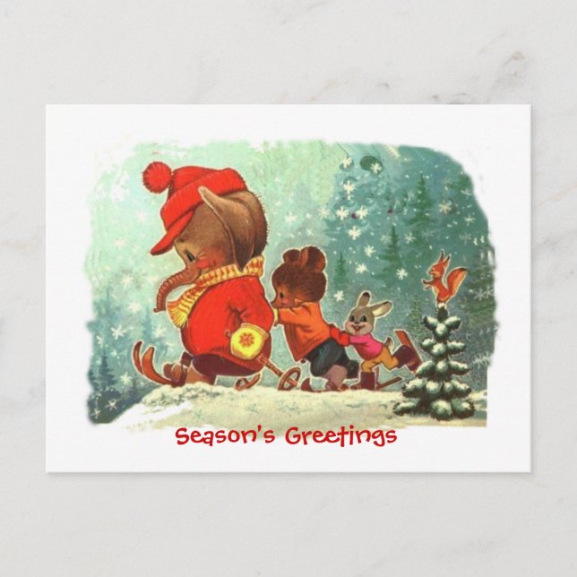 Christmas, Animal ski lessons Holiday Postcard (Front)