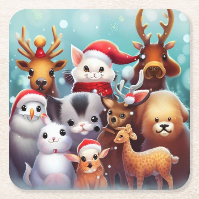 Christmas Animals 2 Square Paper Coaster (Front)