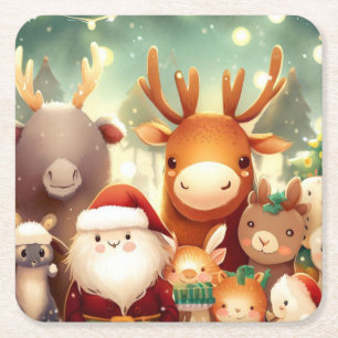 Christmas Animals 8 Square Paper Coaster