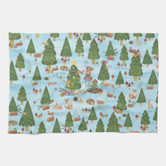 Christmas Animals and Lumberjack in Winter Forest Tea Towel