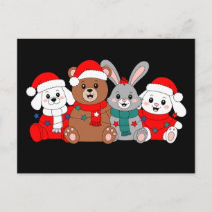 Christmas Animals Bear Bunny Dog Santa Hat Xmas Holiday Postcard